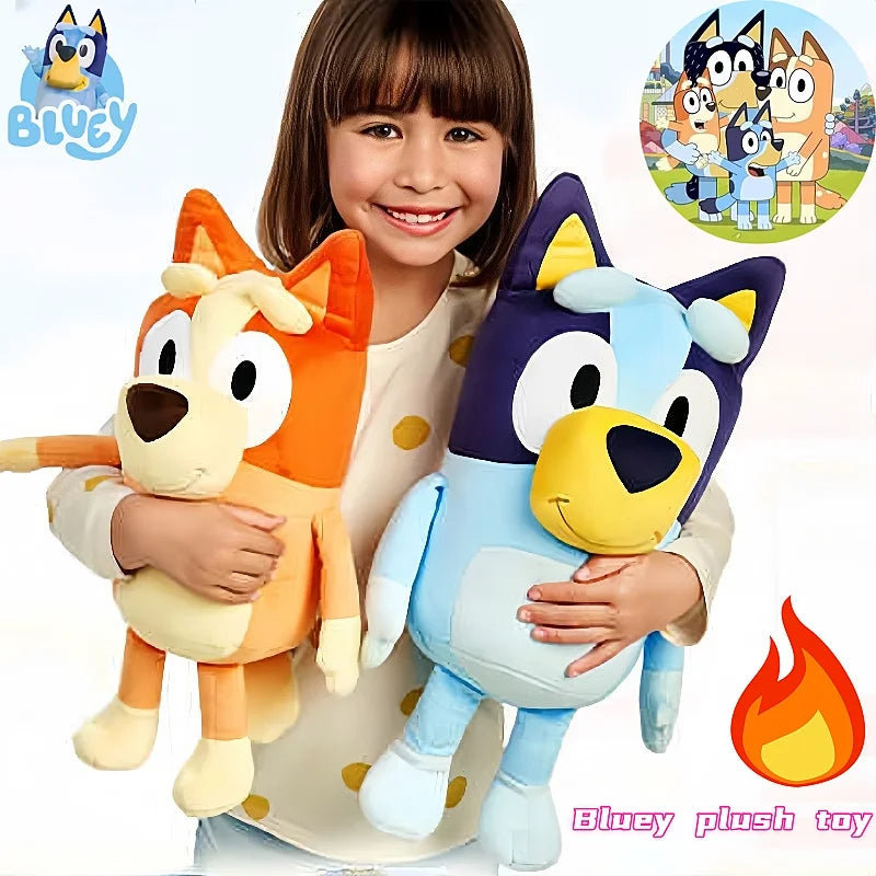 A smiling young girl holds 17cm-40cm Bluey and Bingo Family Plush Toys—soft cartoon dog dolls in orange and blue—against a light background. Perfect birthday or Christmas gifts, with show branding visible in the corners.