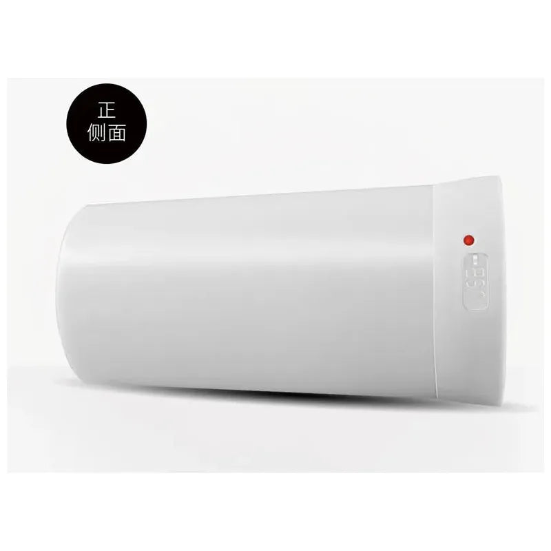 A cylindrical white Simulated Flame LED Night Light has a subtle control panel on one end and a small red indicator light. Enhanced for versatility, it displays Chinese text in a black circle near the top left corner and is shown against a plain background.