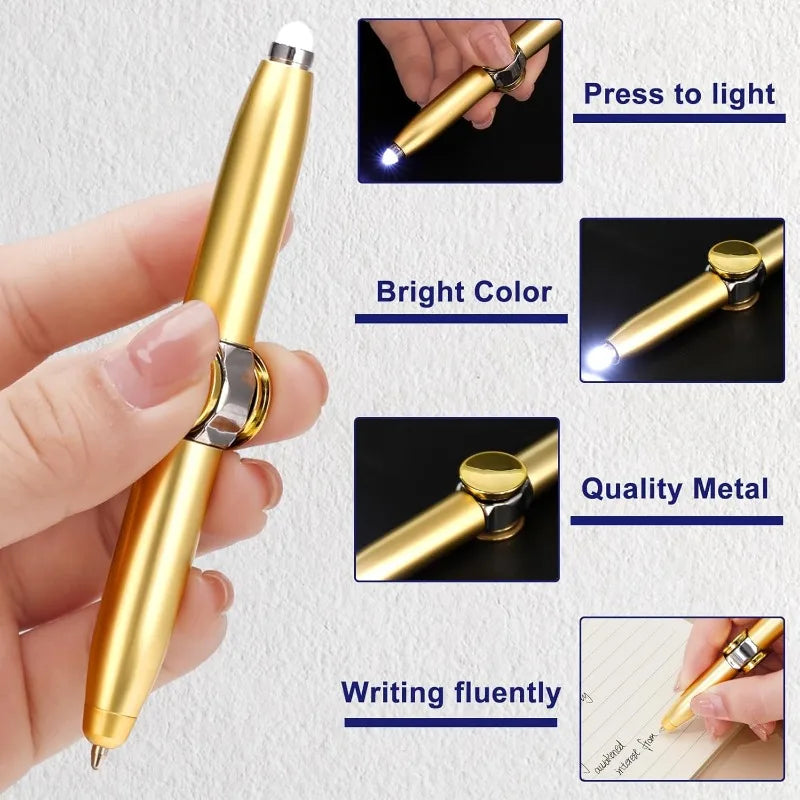 A hand holds a 4PCS Rechargeable Metal Fidget Pen with LED & Spinner—office desk toy for anxiety relief. Insets show: Press to light, bright color, fluent writing. Brand name and certification offer added assurance.