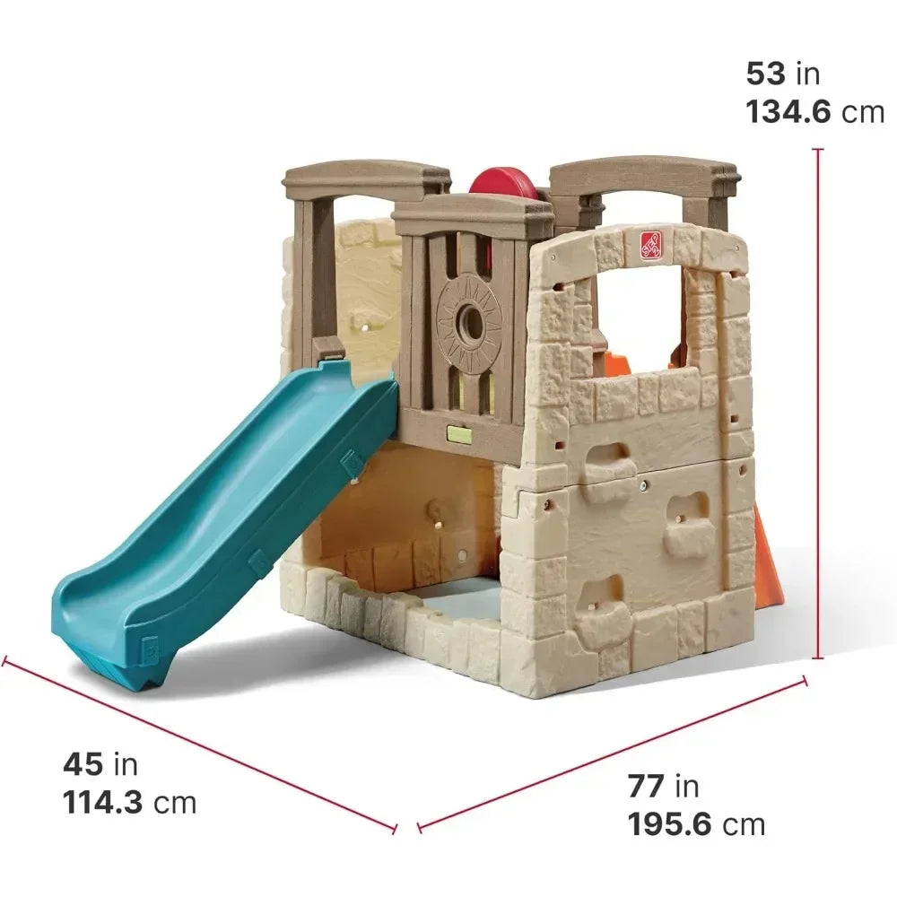 The Woodland Climber II Kids Playset for Ages 2 to 6 Years features a plastic structure with a toddler slide and brick-like walls, measuring 53 H x 45 W x 77 L (134.6 x 114.3 x 195.6 cm).