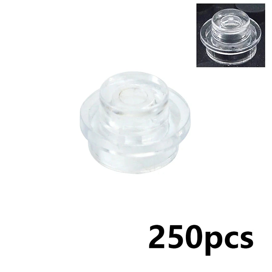 Transparent white MOC Bulk Brick Set (1x1, 1x2, 1x4, 2x4), clear building block wall panel house parts compatible with Lego. Shown in close-up with 250 pcs in bold black at the bottom right; inset reveals alternate angle for easy organizing.