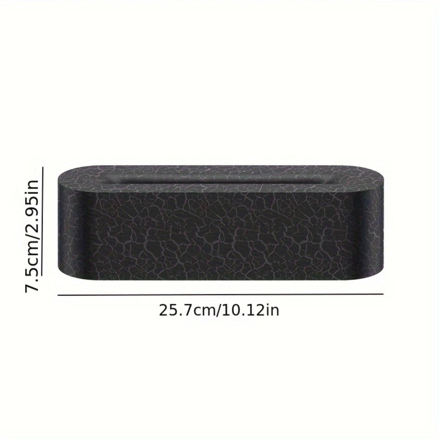 A black, oval-shaped object with a crackled texture is displayed on a white background. Measuring 7.5 cm (2.95 in) tall and 25.7 cm (10.12 in) wide, it resembles the Lava Flame Cool Mist Humidifier with Color Changing Lamp, perfect for home, office, or car use.