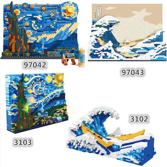 Build four micro block art sets—two each of Van Gogh’s The Starry Night and Hokusai’s The Great Wave off Kanagawa (set numbers: 97042, 97043, 3103, 3102)—with these creative educational toys for kids.