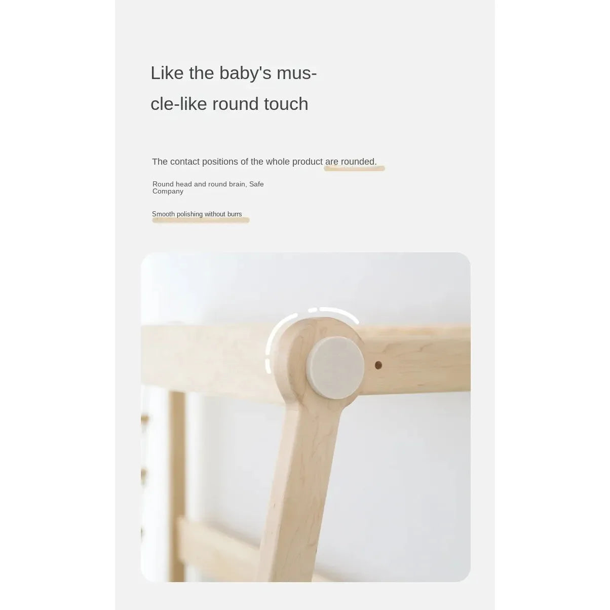 A close-up of the Versatile Solid Wood Childrens Bed showcases a round, smooth joint connecting two pieces. The text highlights rounded edges and smooth surfaces, emphasizing the safety and quality ideal for this childrens bed with climbing frame and swing features.