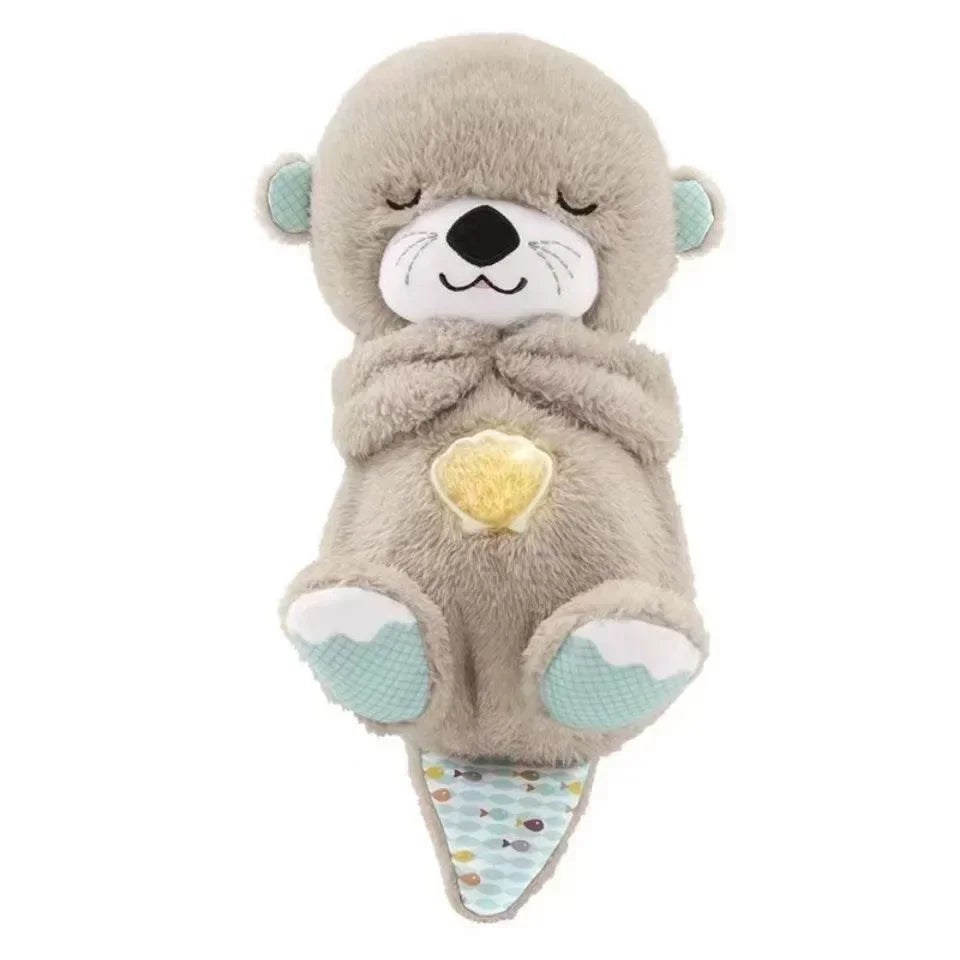 The Soothing Breathing Otter Musical Plush Toy in white features closed eyes, a smiling face, teal ears and feet, and a tail with colorful dots. It holds a glowing heart on its belly and mimics gentle rhythms to comfort newborns, making it an ideal sensory playmate gift.