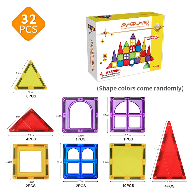 The Magplayer Magnetic Construction Blocks for Kids set includes 32 pieces of various shapes like triangles, rectangles, and a half-circle in assorted colors, perfect for STEM learning. Quantity and dimensions are detailed, with a sample castle inspiring creativity on the box.