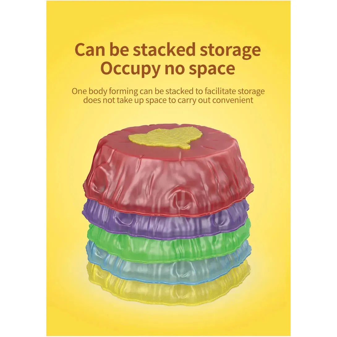 A stack of Rainbow Luminous Balance Stones for Kids on a yellow background, highlighting their space-saving storage and suitability for outdoor sensory balance training.