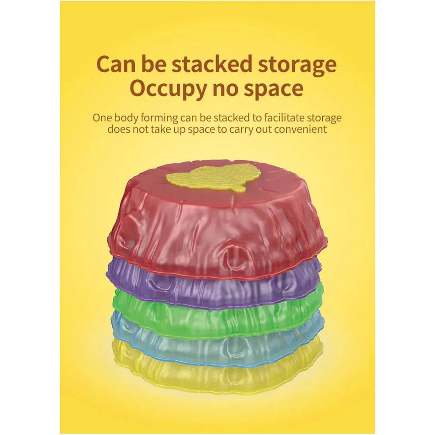 A stack of Rainbow Luminous Balance Stones for Kids on a yellow background, highlighting their space-saving storage and suitability for outdoor sensory balance training.