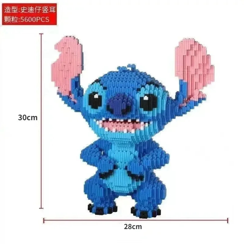 The Large Stitch Building Block Assembly Toy (Color: A) is a 3D puzzle model standing upright at 30cm tall and 28cm wide, made from 5600 pieces—perfect as a birthday gift or desktop decoration. Red lines highlight the height and width.