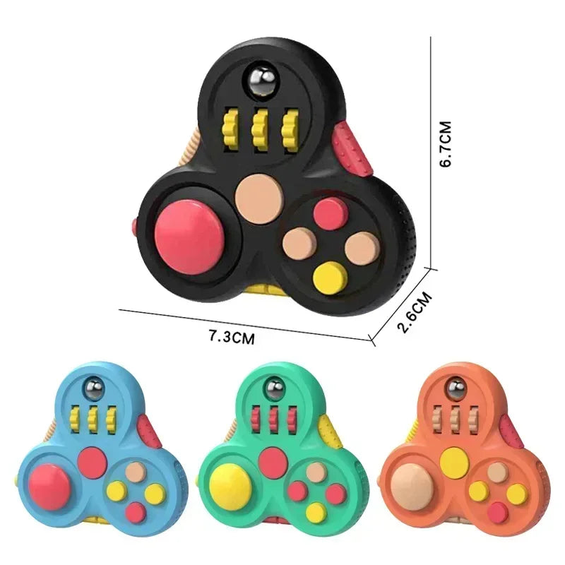 Set of four Rotating Magic Bean Antistress Fidget Toys by hairun, made of durable ABS for kids ages 3-6. Each has buttons, gears, switches, three rounded sections with a central black area. Size: 7.3x6.7x2.6 cm.