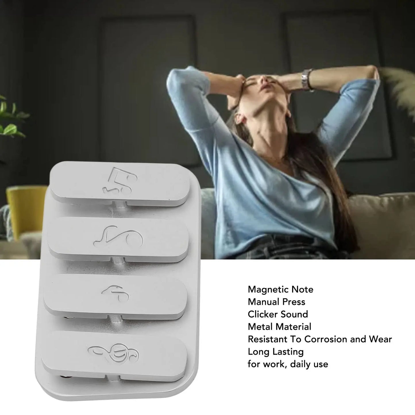A woman sits on a couch looking stressed. In the foreground are four chemical-free white Fidget Clicker magnetic note clips with symbols, described for their features. These Alloy 4/8 Keys Magnetic Fidget Slider toys are made in Mainland China.