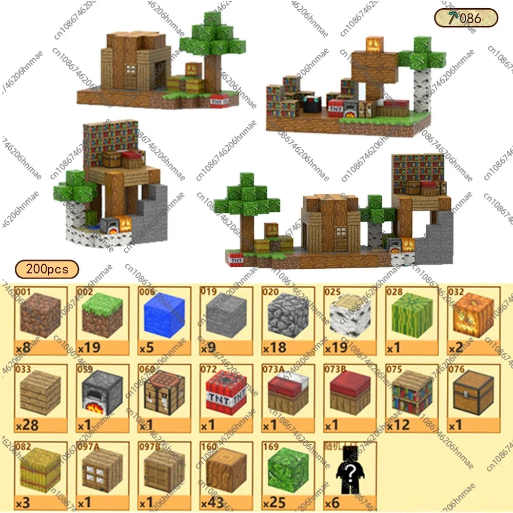 The Magnetic Building Blocks Mine World Magnet Cube Set (T086-200PCS) for kids 3+ includes 200 pieces—blocks, chests, trees, bookshelves, animals, and accessories—shown in four Minecraft-style house builds.