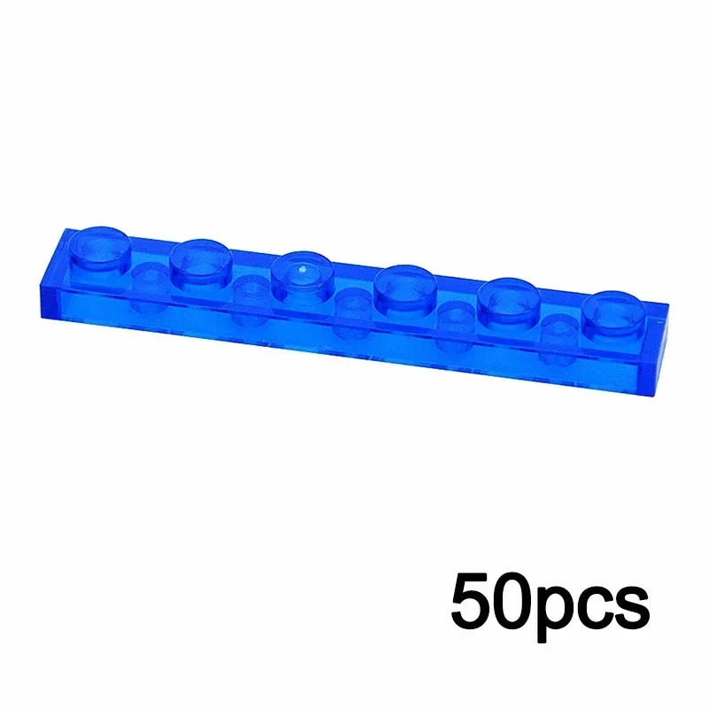 A single 1x6 transparent blue MOC Bulk Brick, compatible with Lego, is shown above 50pcs on a white background—ideal for expanding your clear building block collection.