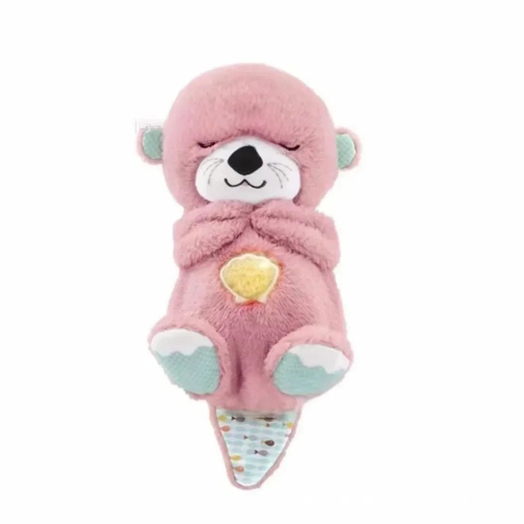 The Soothing Breathing Otter Musical Plush Toy, perfect for newborns, features a pink otter with closed eyes hugging a small yellow star. It has mint green accents on ears, feet, and tail with a colorful pattern at the end, exuding peace and contentment.