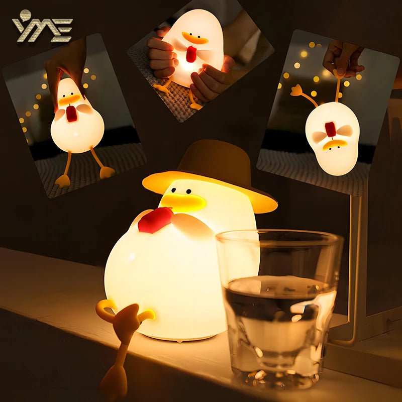 This cute silicone duck lamp features a cowboy hat and emits a warm yellow glow. Ideal for kids rooms, it appears in three photos next to a glass of water, highlighting its portability and charm as both decor and a perfect birthday gift.