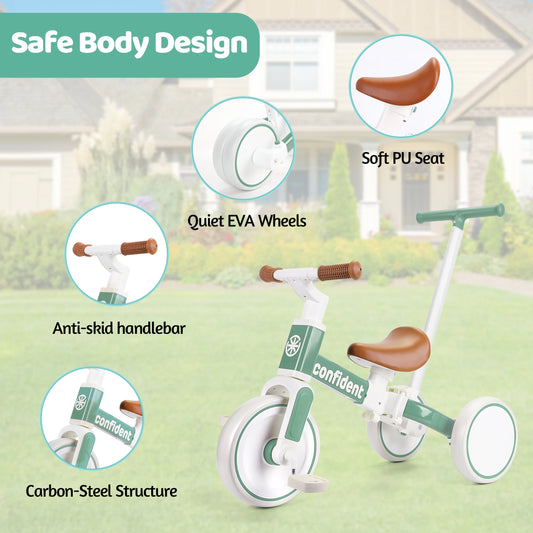 The Baby Balance Bike for Kids 1 to 3 Years Old features a green and white design with a soft PU seat, quiet EVA wheels, anti-skid handlebar, and carbon-steel frame, shown outdoors in front of a house with grass and shrubs.