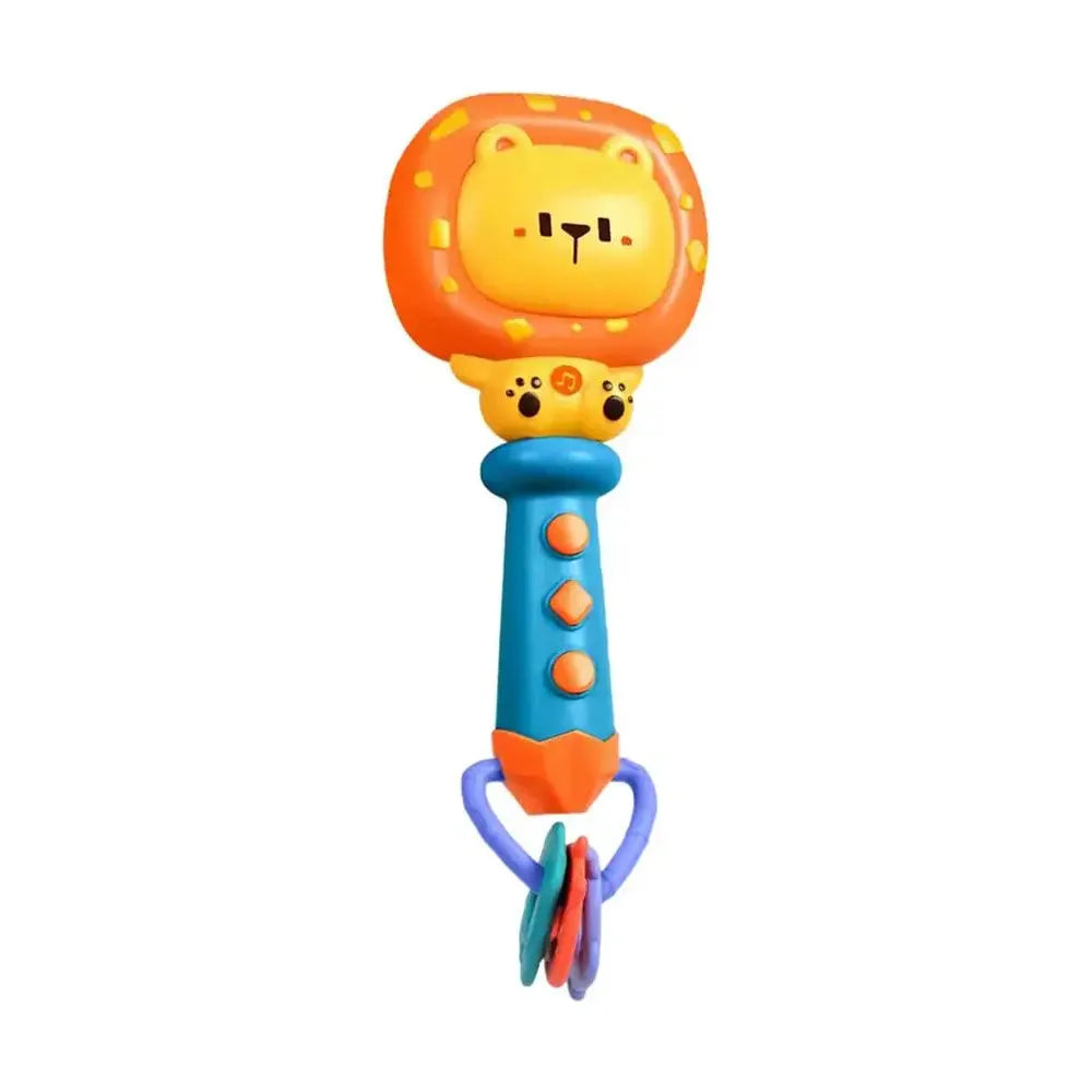 The Musical Teething Rattle with LED Lights is a blue interactive learning toy shaped like a smiling lion. It features a blue handle with orange and yellow buttons, three ring attachments in blue, red, and green, offering entertainment and learning for your little one.