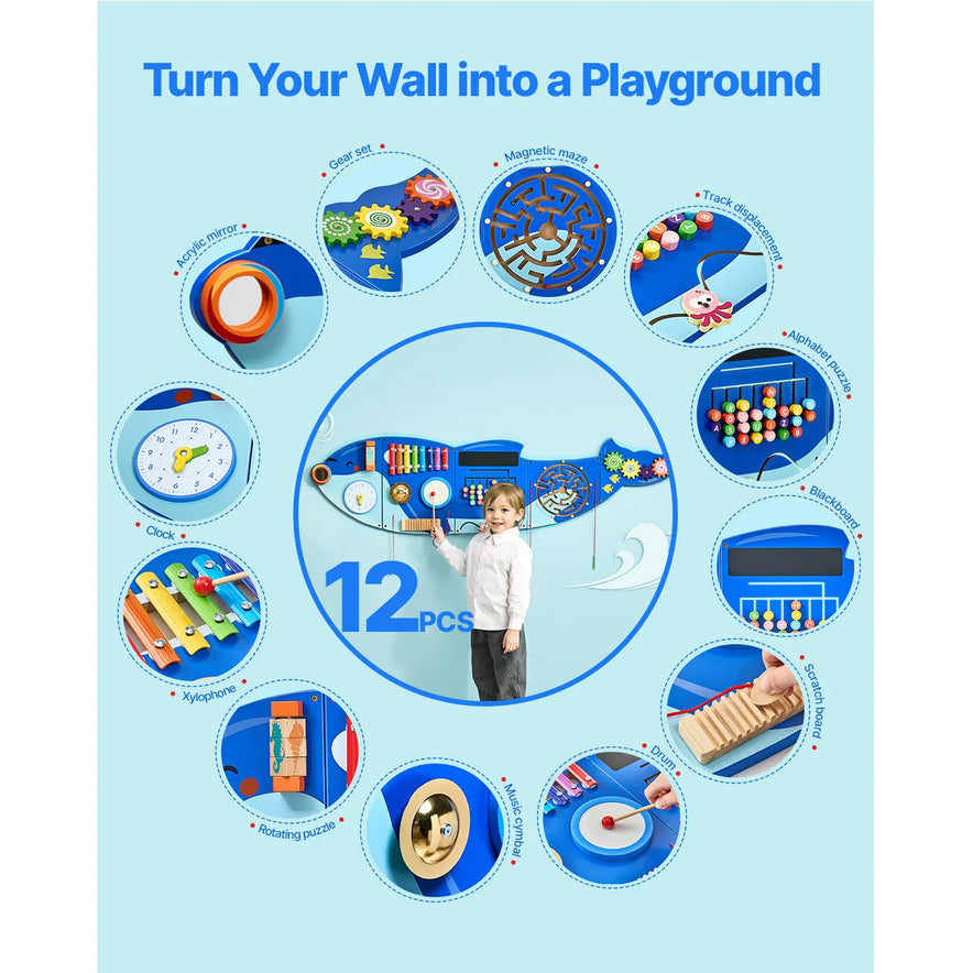 A child plays with the Vevor Orca Kids Wall Busy Board—a blue, wall-mounted Montessori sensory toy with 12 activities like gears, maze, clock, xylophone, and beads for ages 3–12. Text: Turn Your Wall into a Playground.