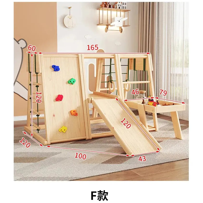 The Indoor Wooden Climbing Frame for Kids includes a solid wood frame, slide, and colorful holds, plus a small table. Its set in a room with beige walls, curtains, and charming decor.