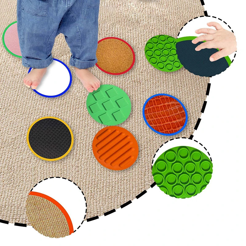 A child stands barefoot on the Montessori Tactile Adventure Mat with Balance Stones, exploring colorful, textured circular pads that feel like playful stepping stones. Close-ups highlight diverse surface patterns promoting educational sensory play and developmental growth.