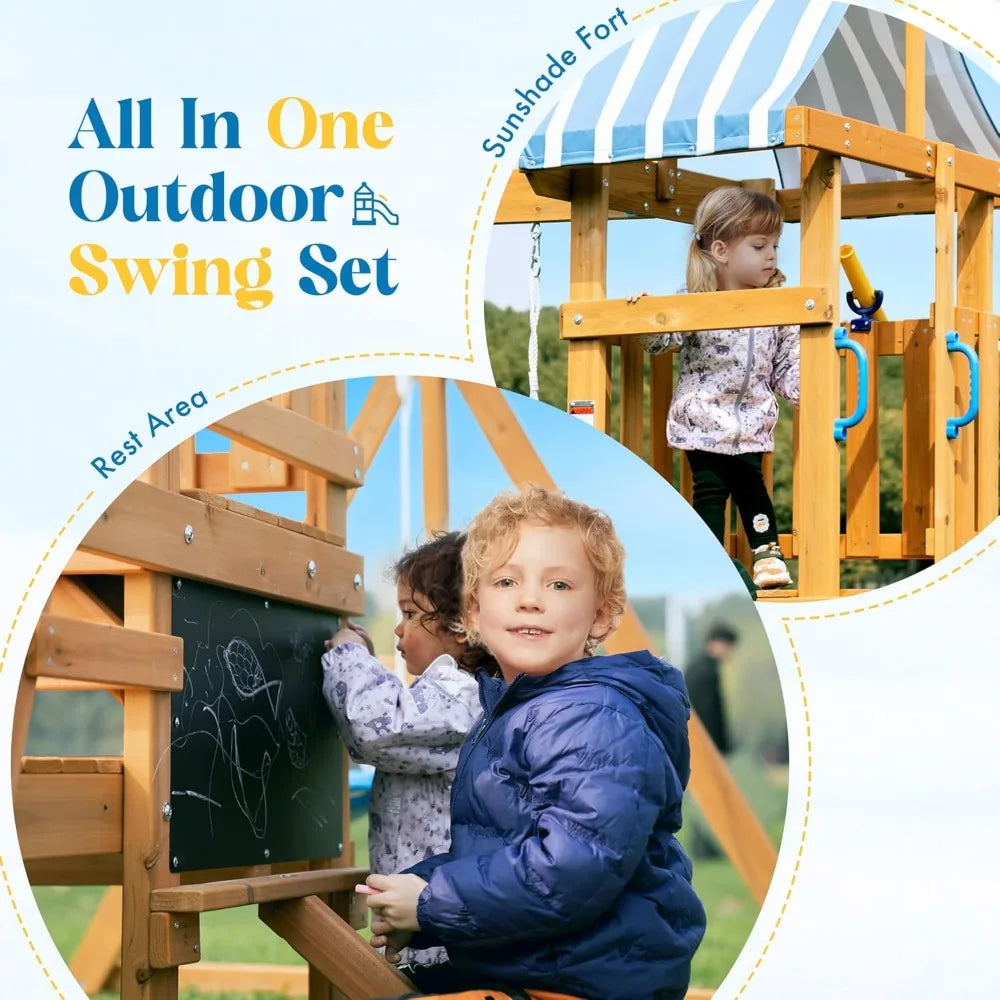 Two children enjoy the Wooden Swing Set for Backyard - All-in-One Kids Playset, with one drawing on a chalkboard and another in a fort with a blue-and-white striped roof—perfect outdoor play equipment for backyard adventures.
