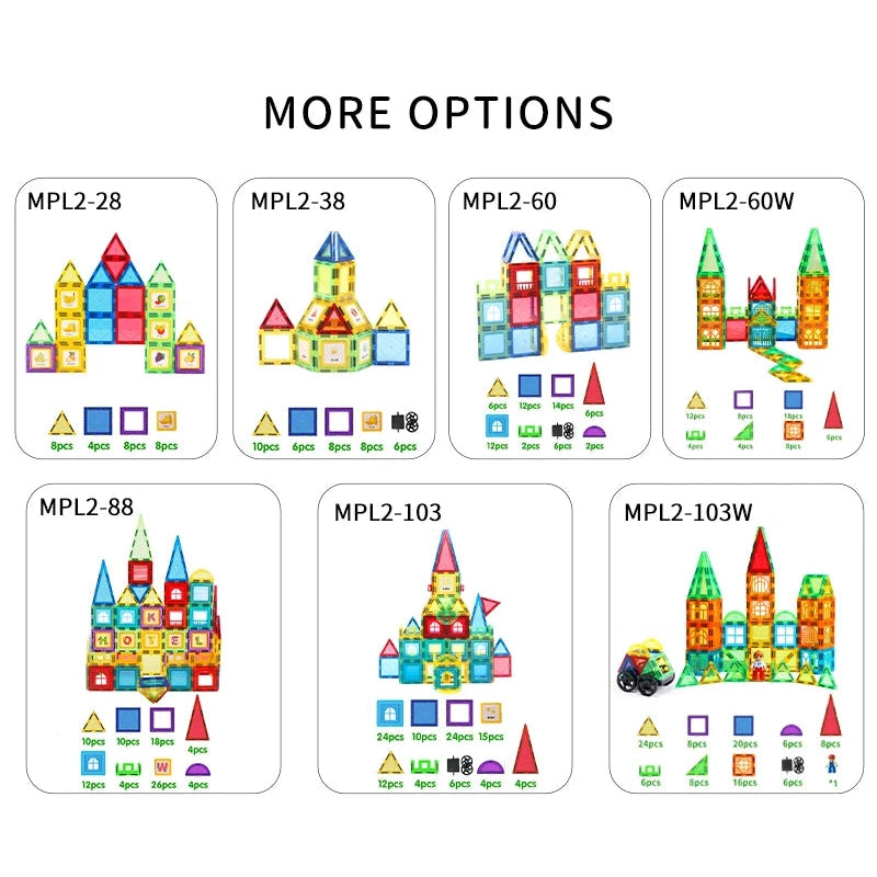 Image displaying seven Creative Magnetic Building Blocks Sets for Kids with labels MPL2-28, MPL2-38, MPL2-60, MPL2-60W, MPL2-88, MPL2-103, and MPL2-103W. Each educational tile set features colorful geometric construction images and piece counts.