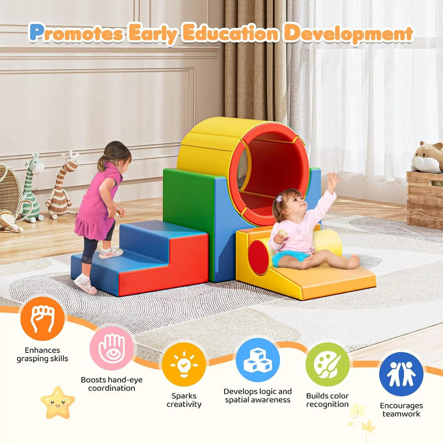 Two toddlers, ages 1-3, play in a living room on the Foam Climbing Blocks for Toddlers— a 5-piece soft play set featuring steps, a tunnel, and slide. Icons highlight perceptivity development and early education benefits.