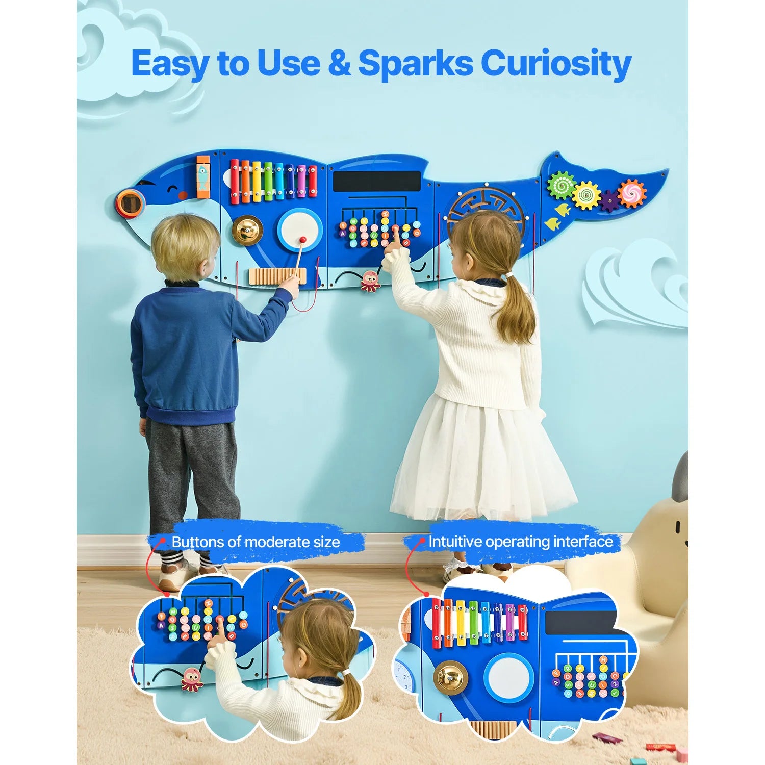 Two young children engage with the Vevor Orca Kids Wall Busy Board, featuring 12 activities, moderate-sized buttons, and an intuitive interface—an ideal Montessori sensory learning toy for curious toddlers ages 3 to 12.