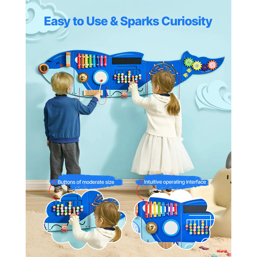 Two young children engage with the Vevor Orca Kids Wall Busy Board, featuring 12 activities, moderate-sized buttons, and an intuitive interface—an ideal Montessori sensory learning toy for curious toddlers ages 3 to 12.
