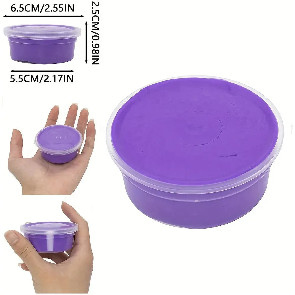 The 60ml Sensory Butter Slime Polymer Putty in deep purple comes in a clear plastic container, perfect for creative play. With a 6.5cm diameter and 2.5cm height, its non-sticky formula makes it easy to handle and great for DIY fun or birthday favors.