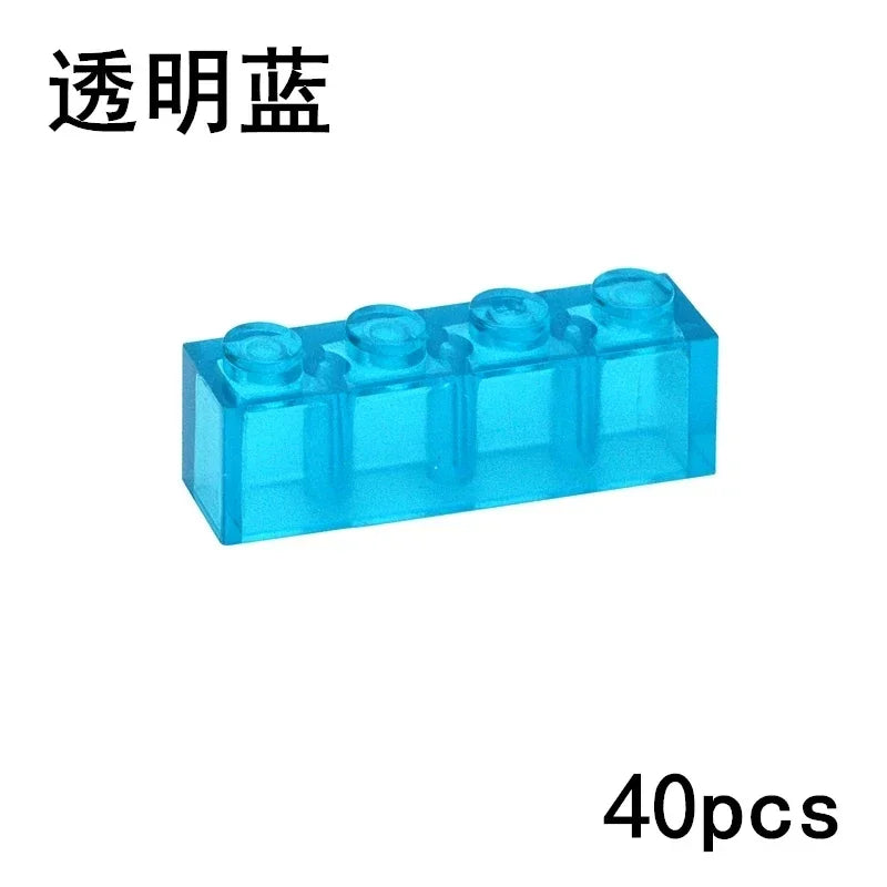 A clear blue 1x4 MOC Transparent Bulk Brick from the Building Block Set is pictured, with black Chinese text at the top left and 40pcs at the bottom right—compatible with Lego for custom walls or houses.