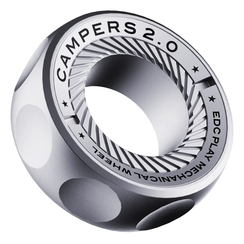 The Spystar Mechanic Ring Fidget Spinner is a silver, donut-shaped magnetic metal gyro with geometric grooves and indents—an ideal EDC adult anti-stress toy for the office desk.