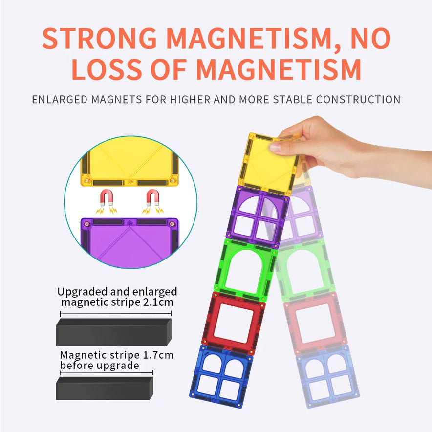A hand holds Romboss Magnetic Educational Architecture Puzzle tiles, perfect for STEM learning. The text reads: Strong magnetism, no loss. Compare upgraded magnetic stripes—now 2.1 cm vs. previous 1.7 cm. These colorful building blocks inspire creativity with various shapes for kids.