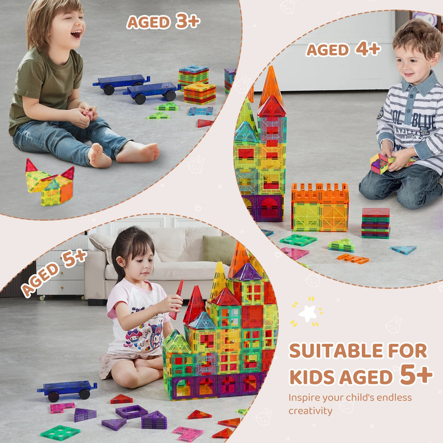 Kids are creatively engaged with the VEVOR 180PCS Magnetic Tile Building Set, an educational construction toy featuring vibrant magnetic blocks. The divided photo shows children aged 3+, 4+, and 5+, with text stating Suitable for kids aged 5+.