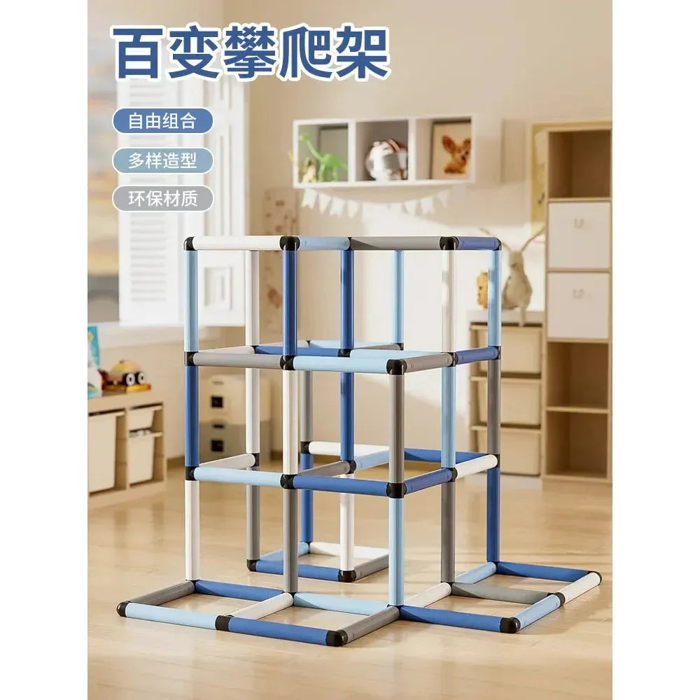 The Indoor Climbing Frame Set for Kids, crafted with blue, black, and white tubes on wooden floors surrounded by shelves, offers endless fun with a multi-level structure and baby slide for sensory integration. Chinese text is overlaid on the image.
