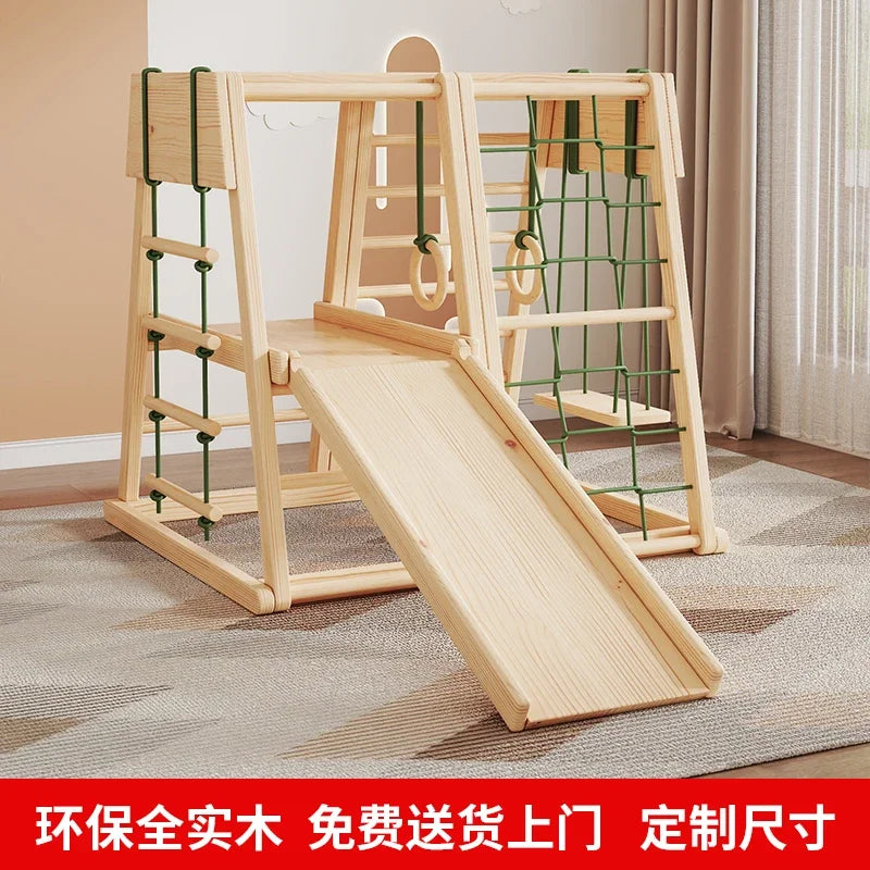 The image displays the Versatile Solid Wood Indoor Climbing Frame with Slide and Swing for Kids’ Sensory Development, set on a carpeted floor against light-colored walls and curtains, accented by red Chinese characters at the bottom.