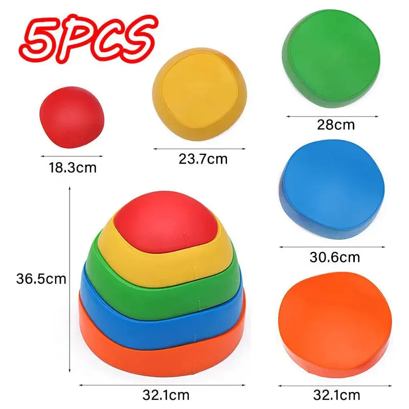 The Montessori Sensory Integration Foot Toys for Kids are five stackable spheres in red, yellow, green, blue, and orange with diameters from 18.3 cm to 32.1 cm. Perfect for balance training and sensory integration for ages 3-6 when used both individually or stacked as educational materials.