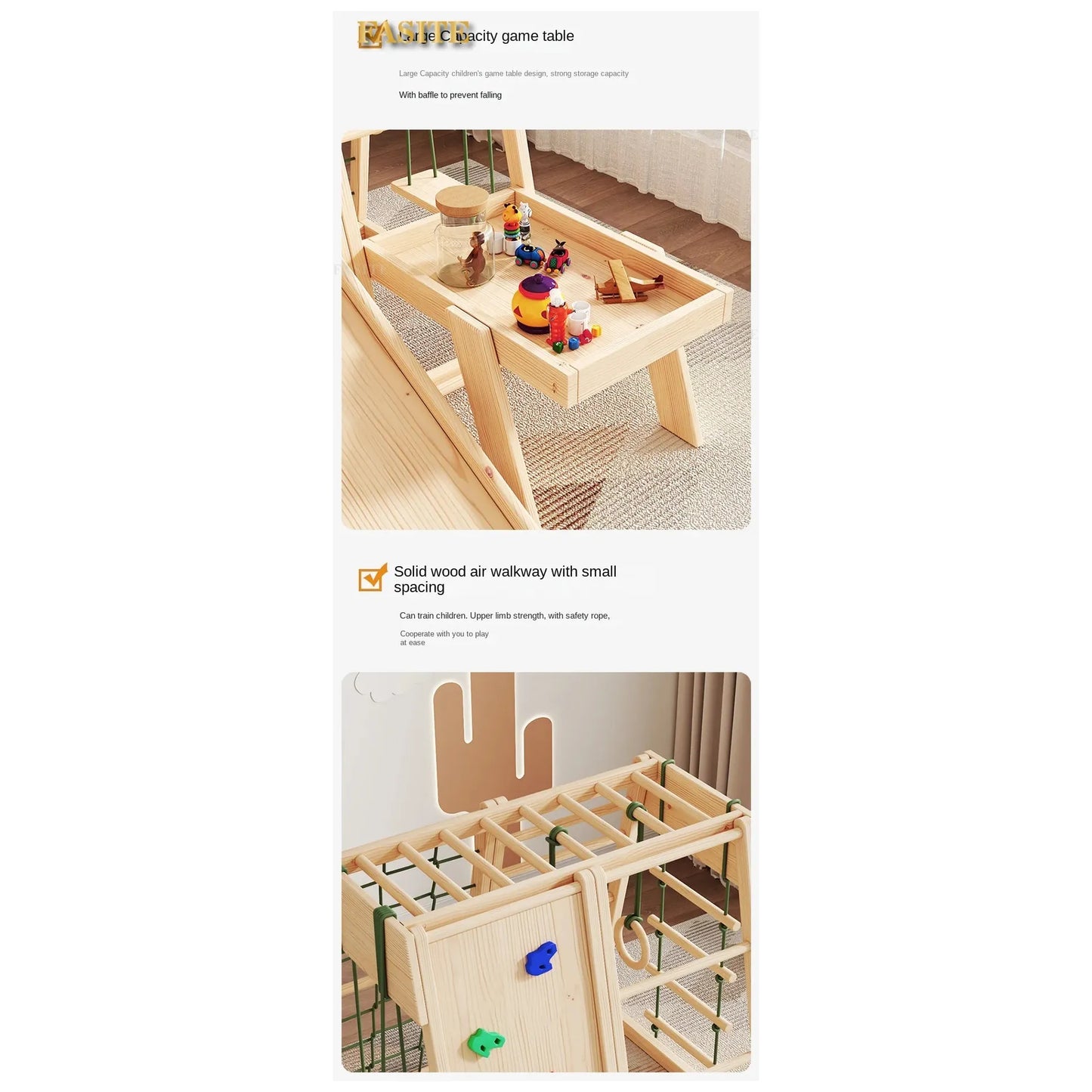 A wooden play table with toy figures and a small board game sits on top. Below, the Versatile Solid Wood Indoor Climbing Frame with Slide and Swing offers climbing bars, safety netting, and promotes sensory integration through safe and engaging active exploration.