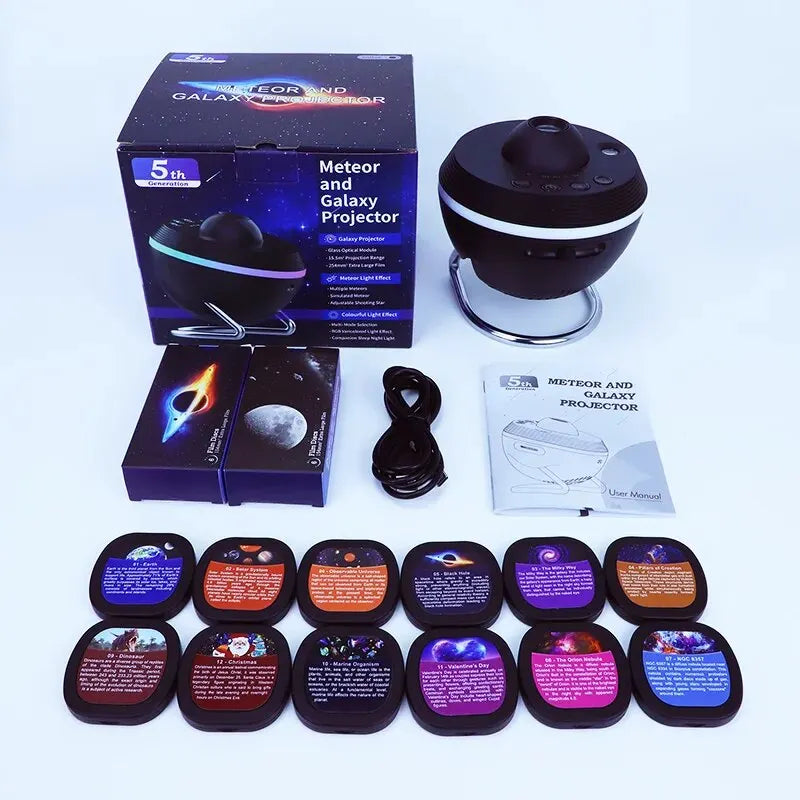 The 12 IN 1 Galaxy Star Projector with Meteor Ultra Clear Night Light features a star shape, LED bulbs, stand, power cable, user manual, and ten colorful discs—perfect as a rotary planetarium projector for kids.