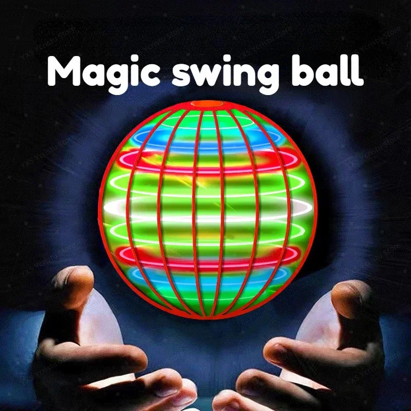 A pair of hands hovers beneath a glowing Magic Flying Ball Mini Toy—an automatic obstacle avoidance UFO boomerang spinner for adults and kids—with intersecting neon-red, green, yellow, and blue lines on a dark background.