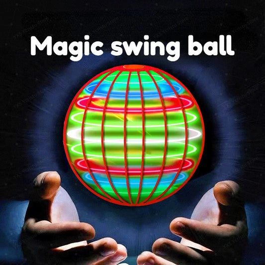 A pair of hands hovers beneath a glowing Magic Flying Ball Mini Toy—an automatic obstacle avoidance UFO boomerang spinner for adults and kids—with intersecting neon-red, green, yellow, and blue lines on a dark background.
