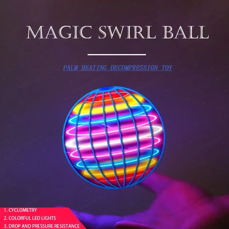 A glowing Magic Flying Ball Mini Toy lights up against a dark backdrop. Text highlights its automatic obstacle avoidance, UFO boomerang spinner features, and suitability as a fun Christmas gift for adults and kids.