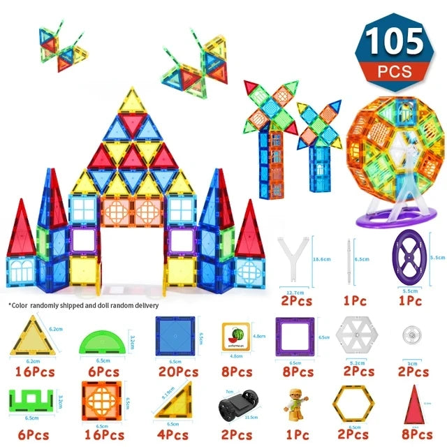 The Romboss Magnetic Educational Architecture Puzzle is a colorful set with 105 pieces ideal for STEM learning. Featuring triangles, squares, hexagons, and wheels, models include a castle, butterflies, and a Ferris wheel.