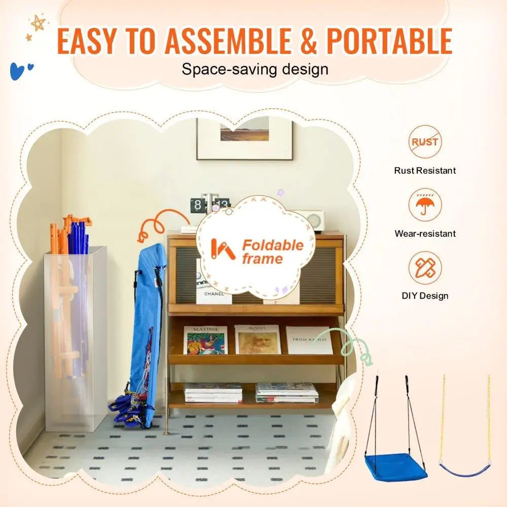 Illustration shows the 6 in 1 Metal Swing Set for Kids (440lbs capacity), blue with ropes by a storage shelf holding books and a folded swing. Text highlights easy assembly, foldable frame, rust resistance, DIY design, made in China.