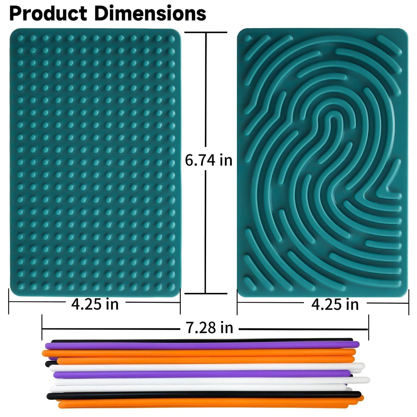 The Childrens Puzzle Silicone Sensory Activity Board includes two teal silicone mats (bumps and maze, 6.74x4.25) plus eight colorful 7.28 sensory sticks—BPA-free, food-grade—for tactile play and relaxation as a decompression tool.