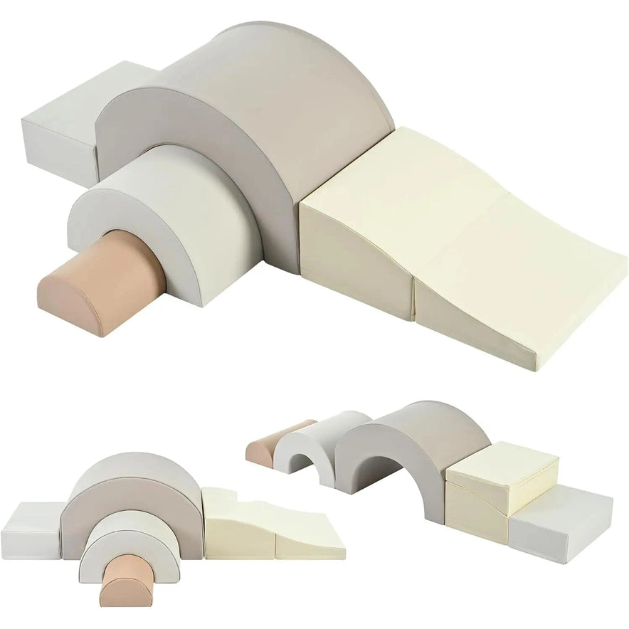 The Rainbow Soft Play Set in cappuccino includes a foldable slide, tunnel, arch, ramp, and blocks—ideal soft climbing toys for toddlers. Shown from three angles on a white background.
