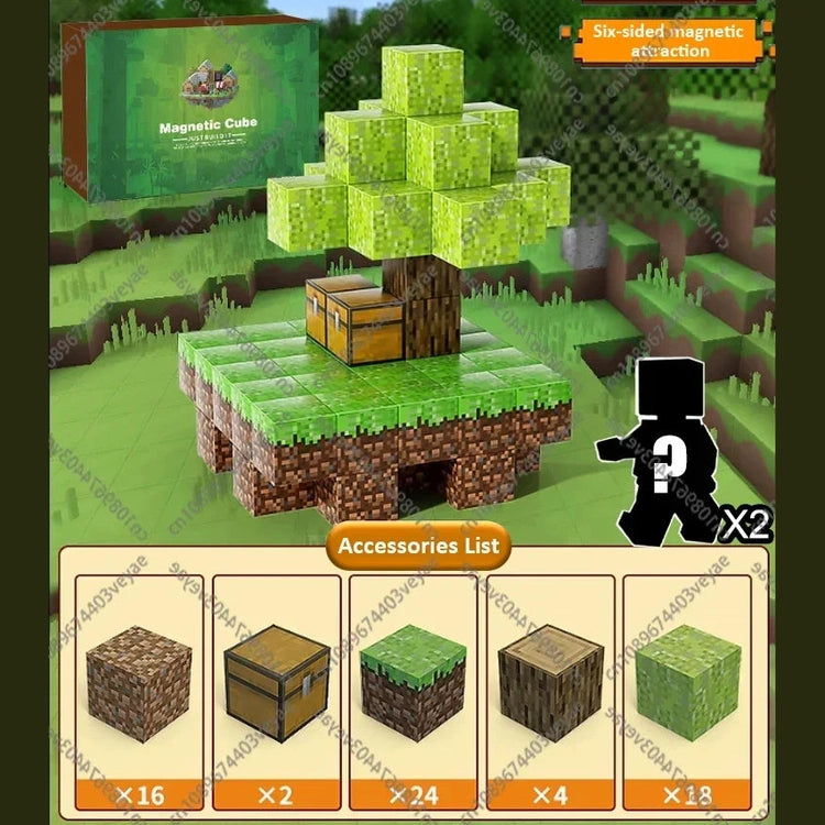 Box art for Magnetic Building Blocks Mine World Magnet Cube Set (T040-64PCS), a Montessori STEM sensory toy with 64 pieces—grass, chest, dirt, log blocks, and two figures—featuring a blocky tree and treasure chest. Great hands-on fun for ages 3+.