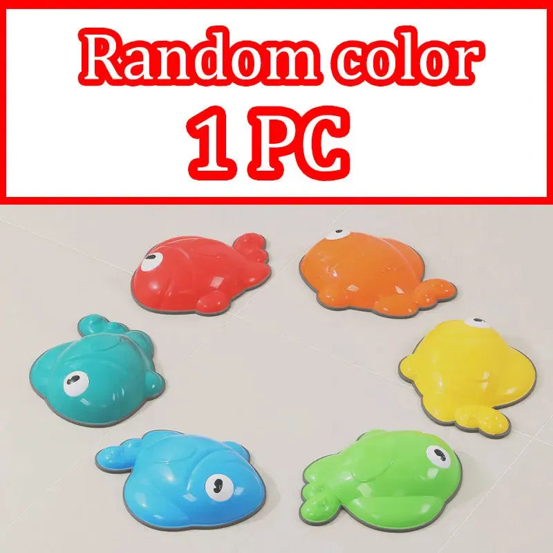 Six colorful plastic fish-shaped toys (blue, red, orange, yellow, teal, and green) are displayed on a plain surface with Random color 1 PC in large red letters at the top. These vibrant items enhance Montessori Sensory Integration Foot Play for ages 3-6 as balancing game tools.