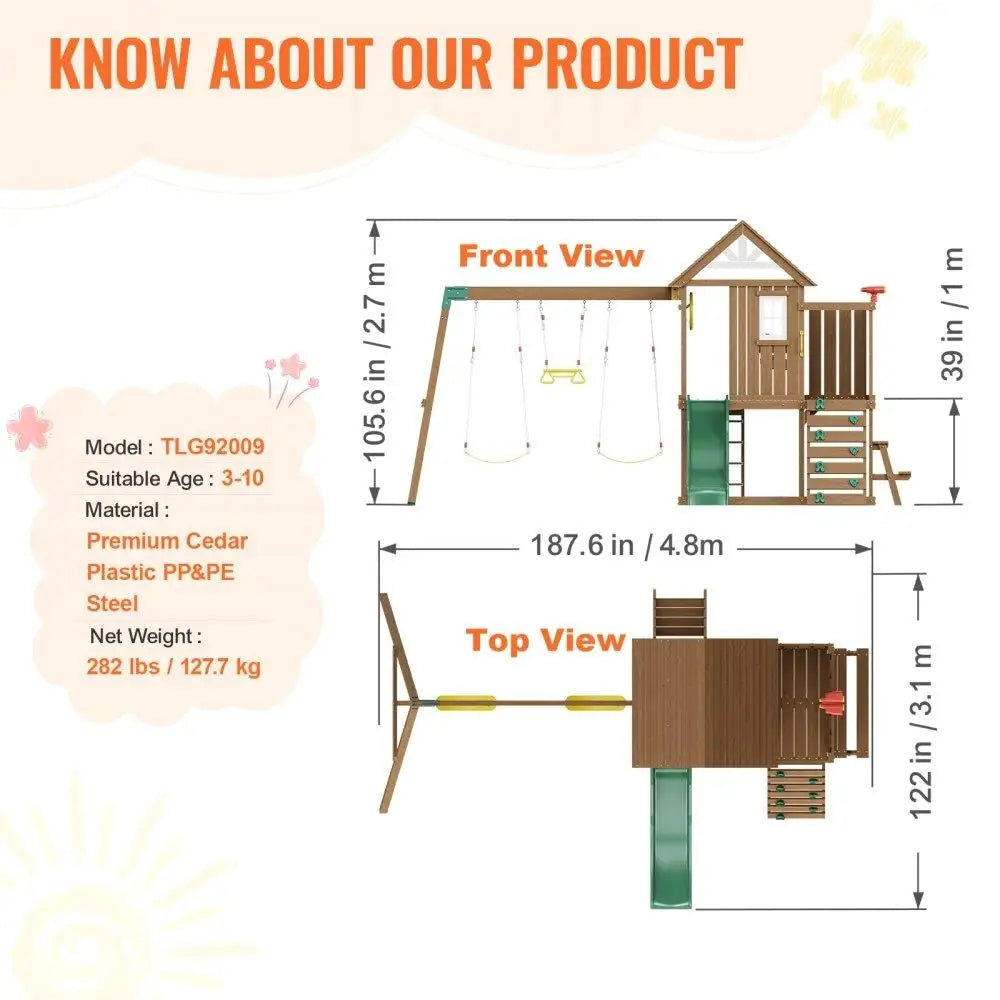 Infographic of the Wooden Swing Set 9 IN 1 Outdoor Playground Sets with 6 FT slide and upper fort, made in Mainland China. Front and top views show swings, slide, climbing structure. Dimensions, chemical-free assembly, ages 3-10 included.