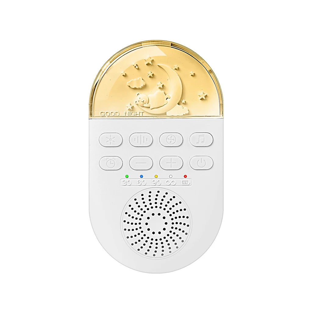 This Travel-Friendly White Noise Machine, featuring a crescent moon and stars on its yellow half-circle dome, includes power, sound, and settings buttons. A speaker is located at the bottom for optimal sound delivery in a calming night sky theme.